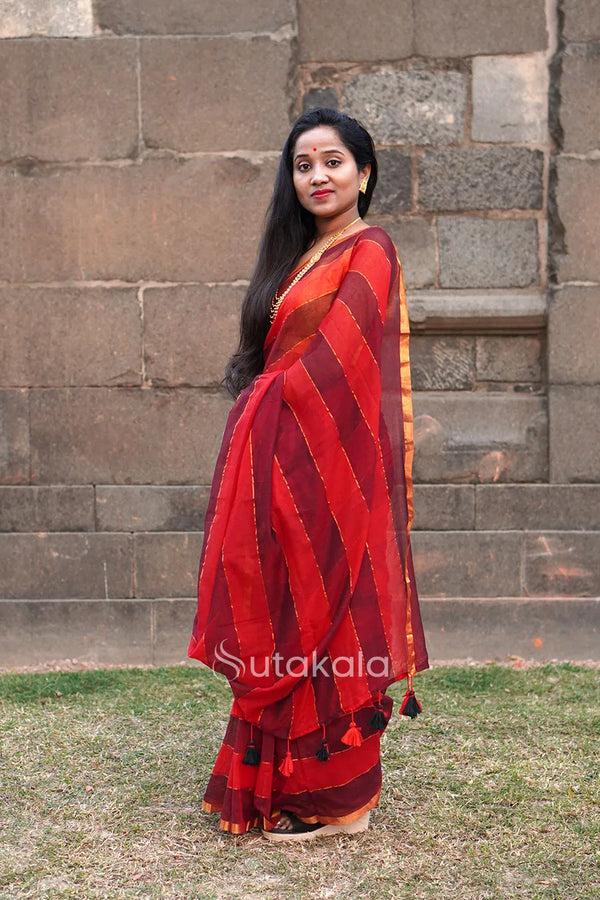Red Black Mul Striped Cotton Saree With BP