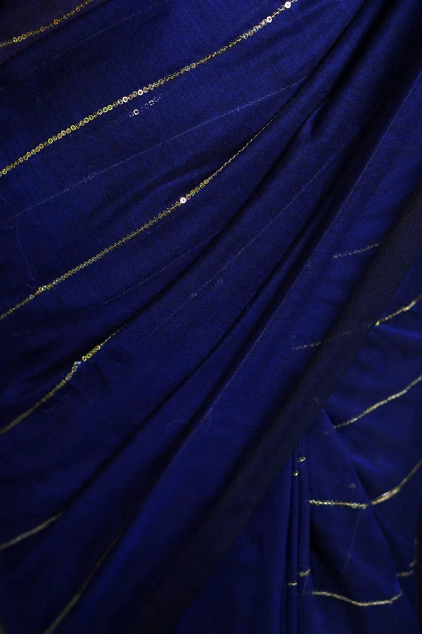 Blue Cotton Saree with Golden Stripe Detailing & Tassels
