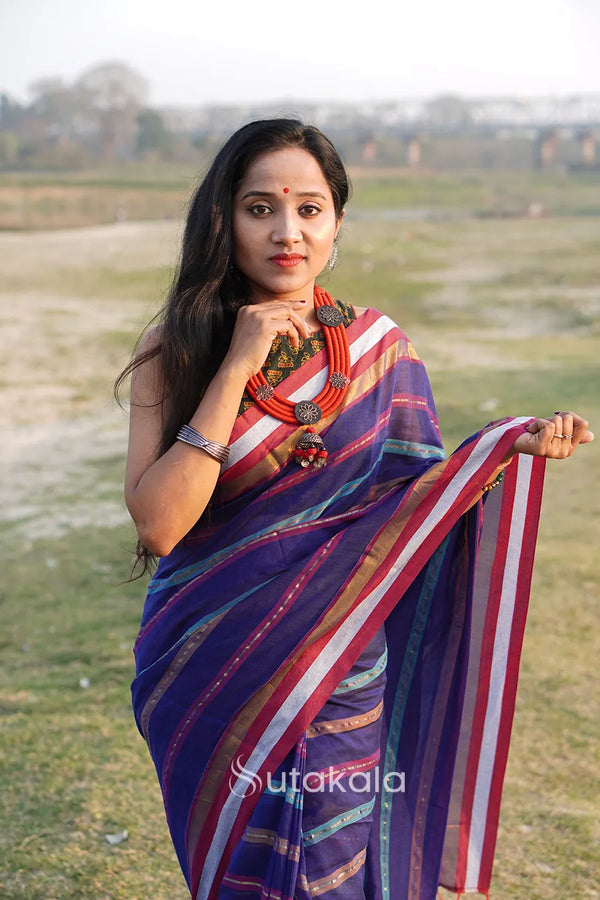 Multicolour Blue Mul Cotton Striped Saree