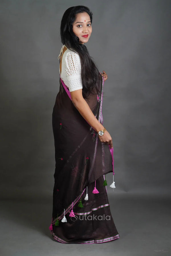 Dark Coffee Cotton Saree with Thread Work Embroidery