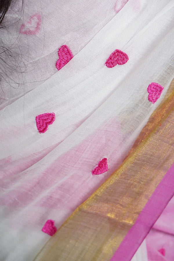 White & Pink Cotton Silk Saree with Handwoven Motifs and Gold Border