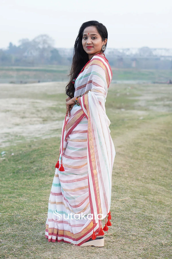 White Based Multicolor Mul Cotton Striped Saree