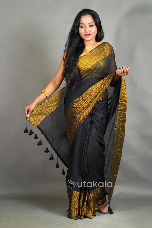 Black Mul Cotton Saree with Golden Border