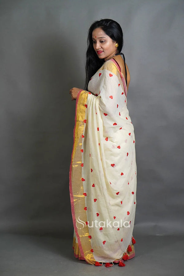 White Red Mul Cotton Saree with Handwoven Motifs