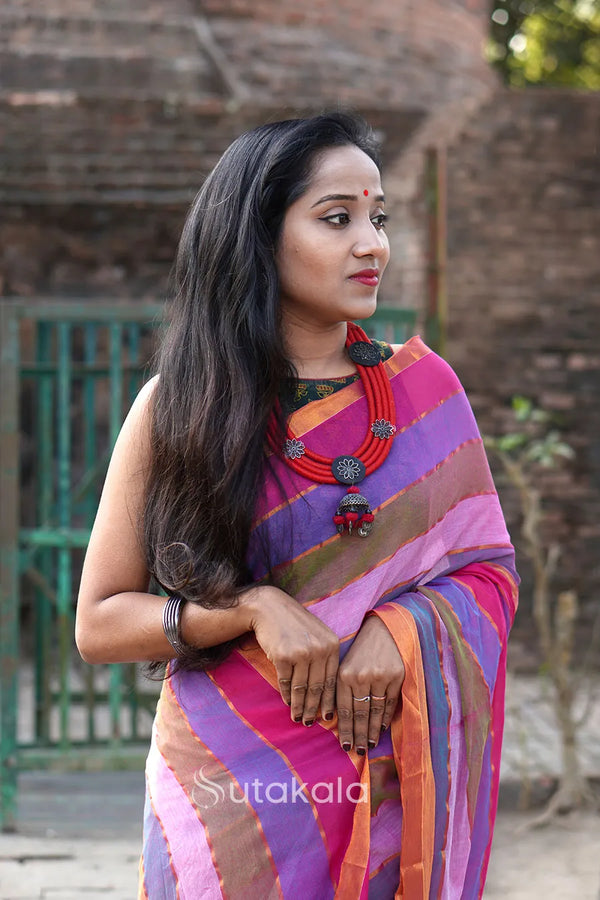 Multicolour Mul Cotton Striped Saree With BP