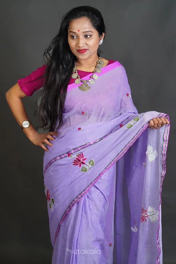 Violet Mul Cotton Saree with Thread Work Embroidery