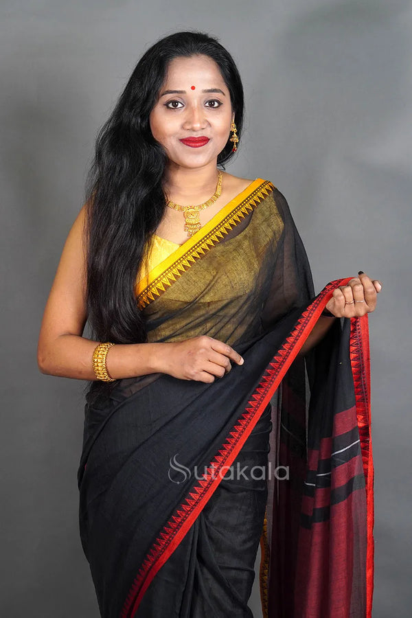 Black Mul Cotton Saree with Thread Border