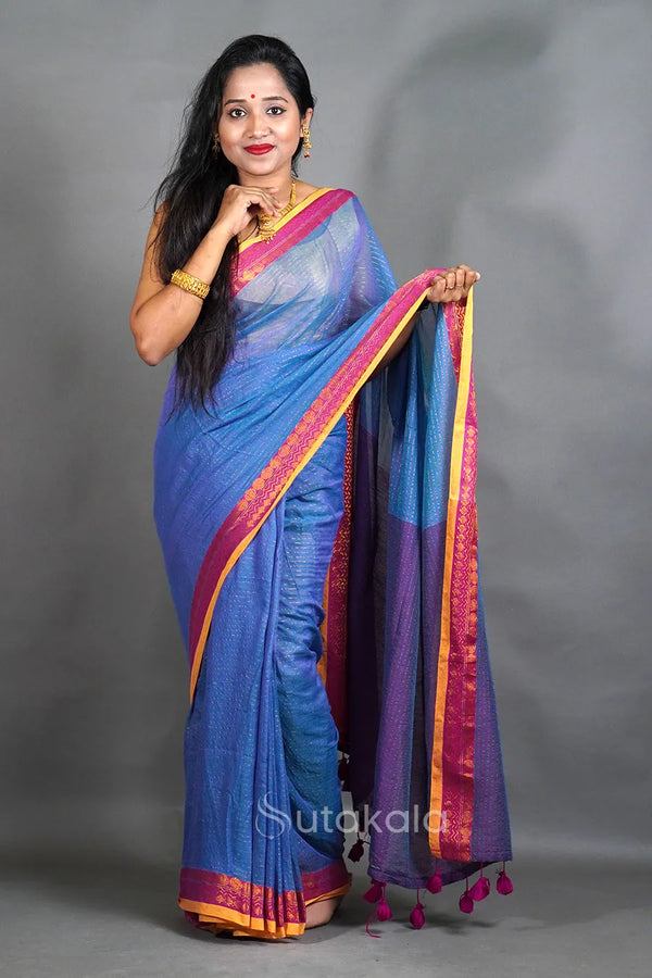 Blue Mul Cotton Saree with Golder Zari Work