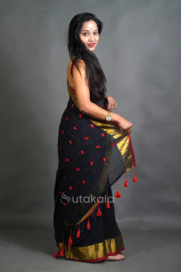 Black Cotton Silk Saree with Handwoven Motifs and Gold Border