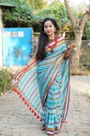 Multicolour Blue Mul Cotton Striped Saree With BP
