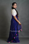 Elegant Cotton Saree with Floral Thread Work & Silver Border