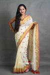 White Red Mul Cotton Saree with Handwoven Motifs
