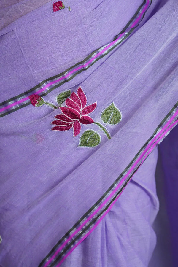 Violet Mul Cotton Saree with Thread Work Embroidery