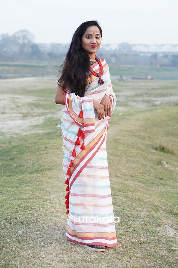 White Based Multicolor Mul Cotton Striped Saree