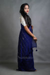 Blue Cotton Saree with Golden Stripe Detailing & Tassels