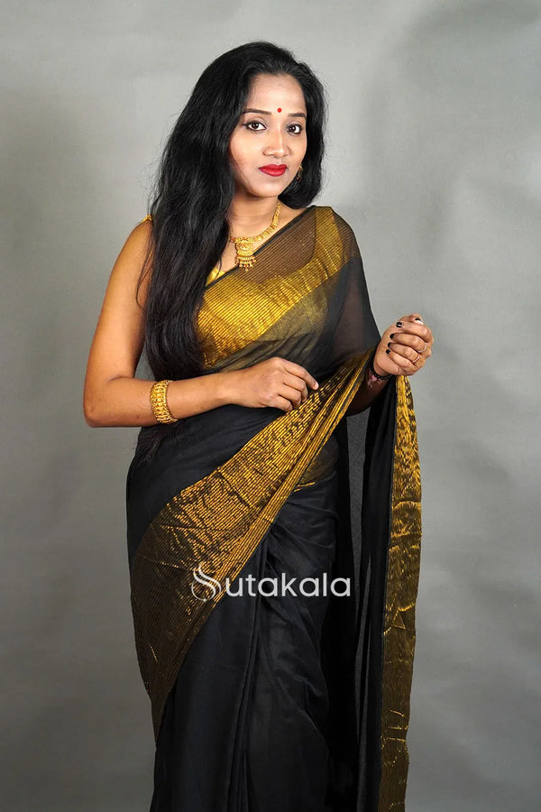 Black Mul Cotton Saree with Golden Border