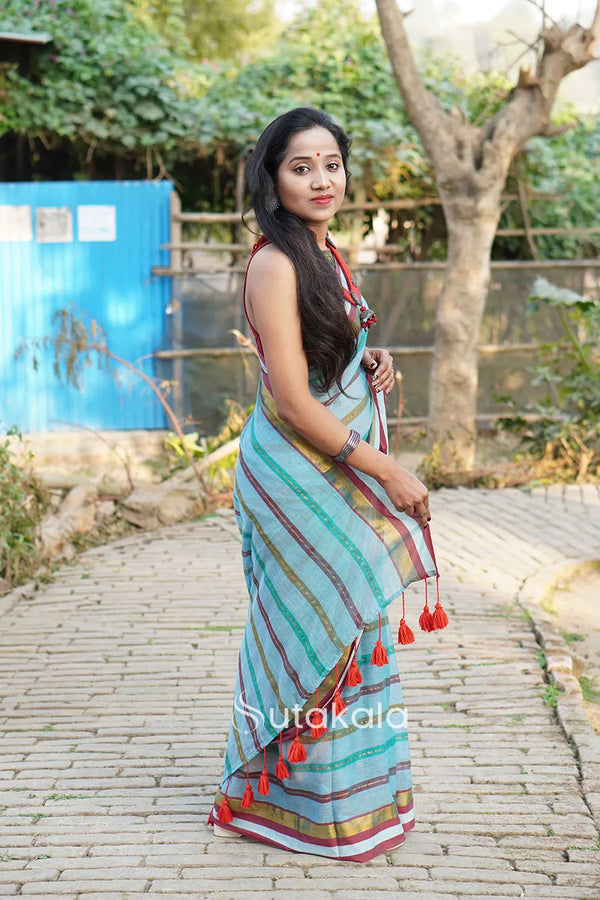 Multicolour Blue Mul Cotton Striped Saree With BP