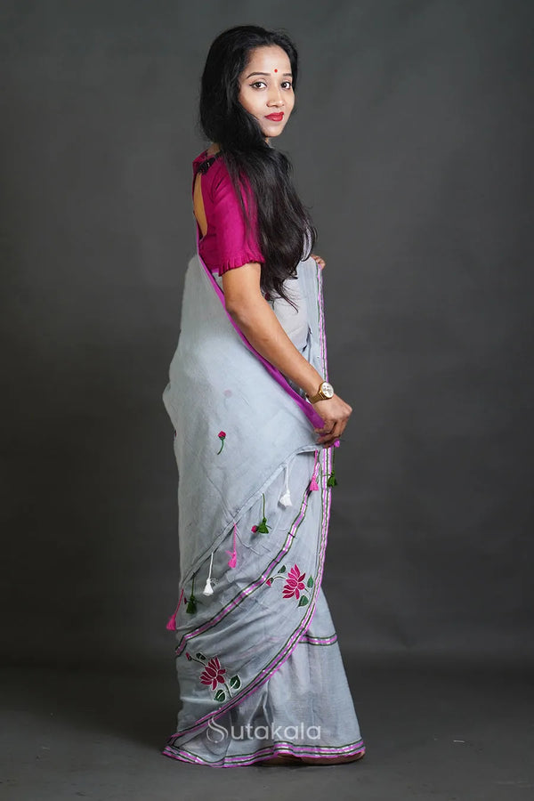 Mul Cotton Saree with Thread Work Embroidery