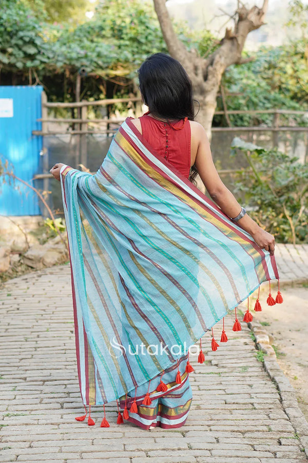 Multicolour Blue Mul Cotton Striped Saree With BP