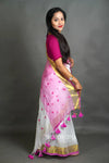 White & Pink Cotton Silk Saree with Handwoven Motifs and Gold Border