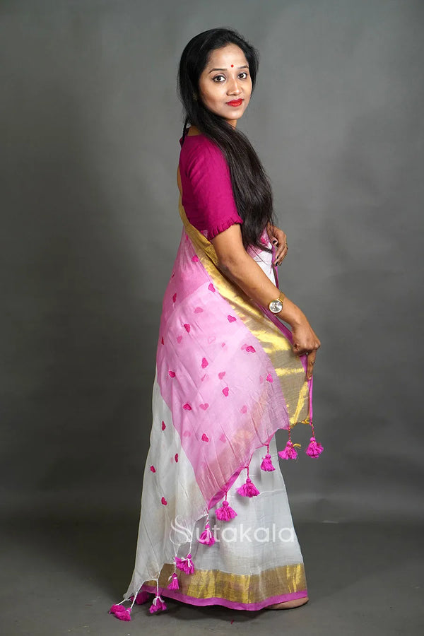 White & Pink Cotton Silk Saree with Handwoven Motifs and Gold Border