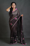 Dark Coffee Cotton Saree with Thread Work Embroidery