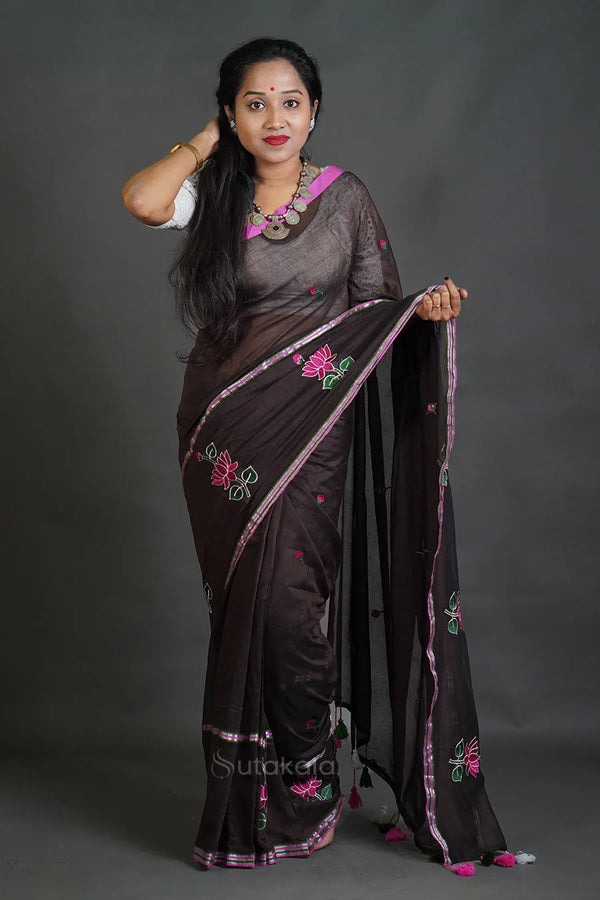 Dark Coffee Cotton Saree with Thread Work Embroidery