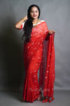 Rich Red Cotton Saree with Golden Stripe Detailing & Tassels