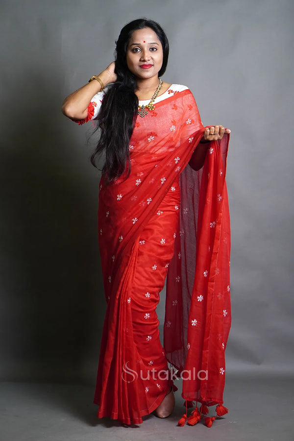 Rich Red Cotton Saree with Golden Stripe Detailing & Tassels