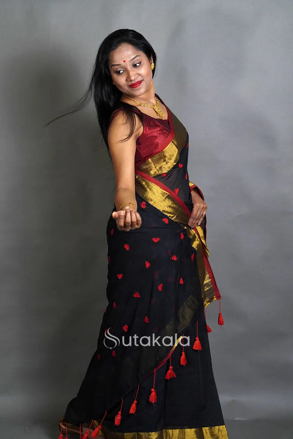 Black Cotton Silk Saree with Handwoven Motifs and Gold Border