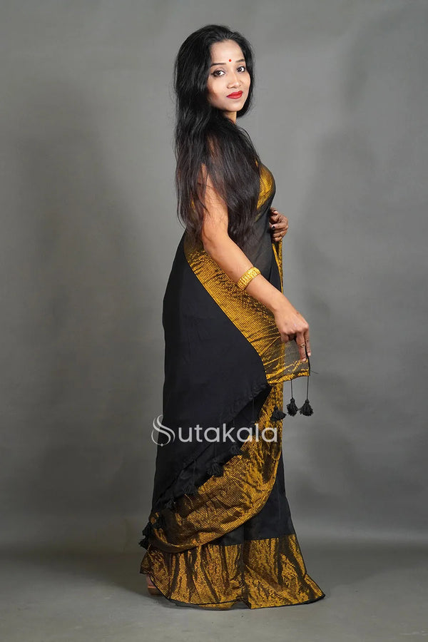 Black Mul Cotton Saree with Golden Border