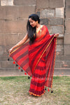 Red Black Mul Striped Cotton Saree With BP