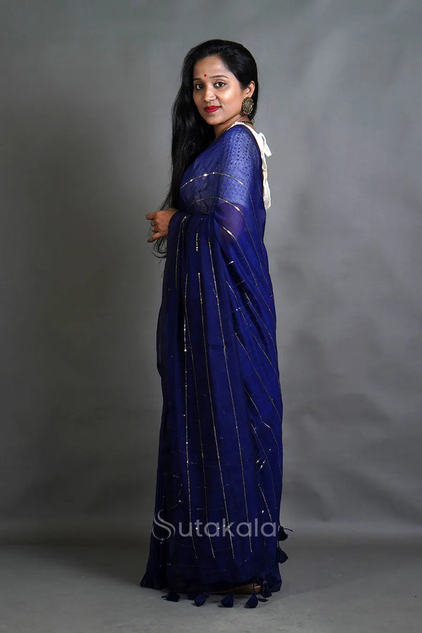 Blue Cotton Saree with Golden Stripe Detailing & Tassels