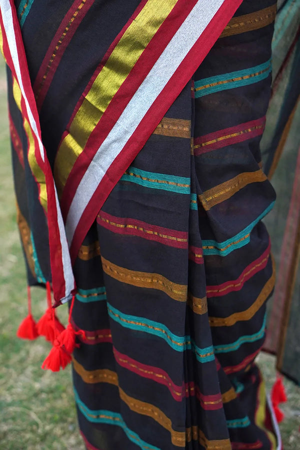 Black Based Multicolor Mul Cotton Striped Saree