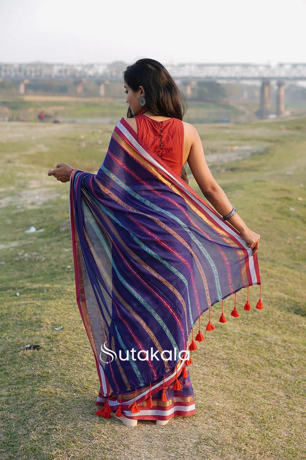 Multicolour Blue Mul Cotton Striped Saree