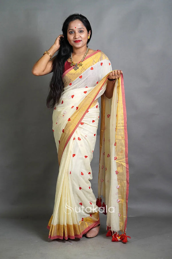White Red Mul Cotton Saree with Handwoven Motifs
