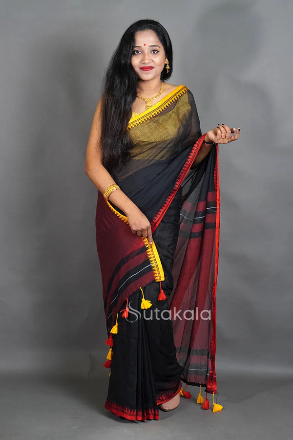 Black Mul Cotton Saree with Thread Border