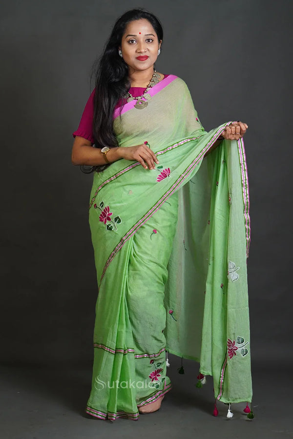 Green Mul Cotton Saree with Thread Work Embroidery