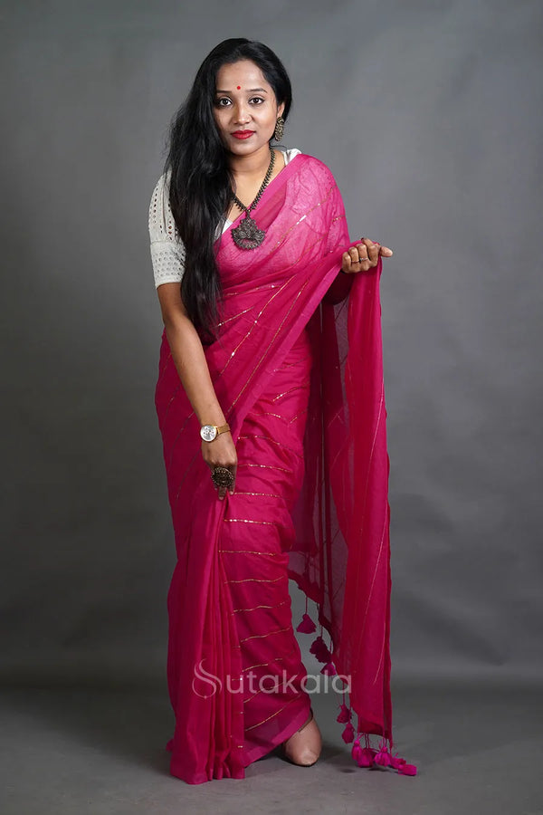Handloom Cotton Saree with Golden Stripe Detailing & Tassels