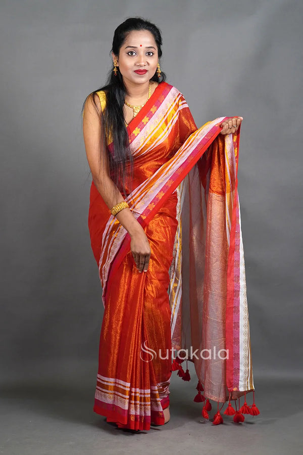Rust Orange Tissue Silk Saree with Contrast Border & Tassel Pallu