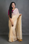Soft Cream Handloom Cotton Saree with Golden Stripe Detailing & Tassels