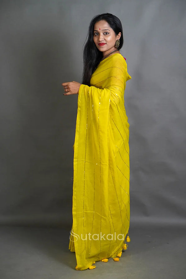 Bright Yellow MalCotton Saree with Subtle Stripe Detailing
