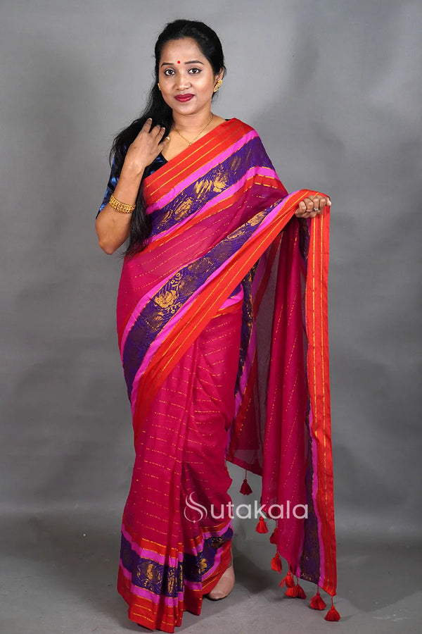 Rani Cotton Saree with Red & Gold Thread Work Border and Tassel Pallu