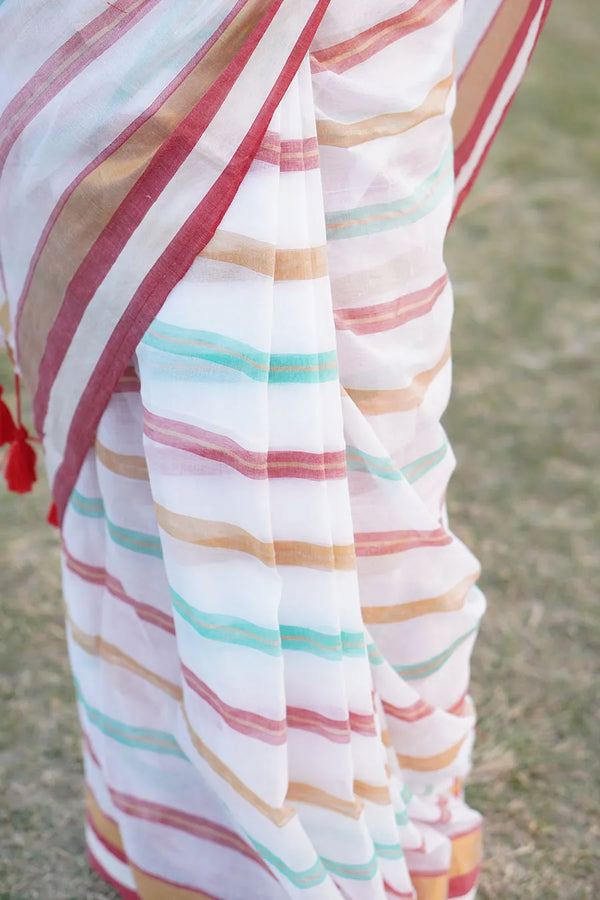 White Based Multicolor Mul Cotton Striped Saree