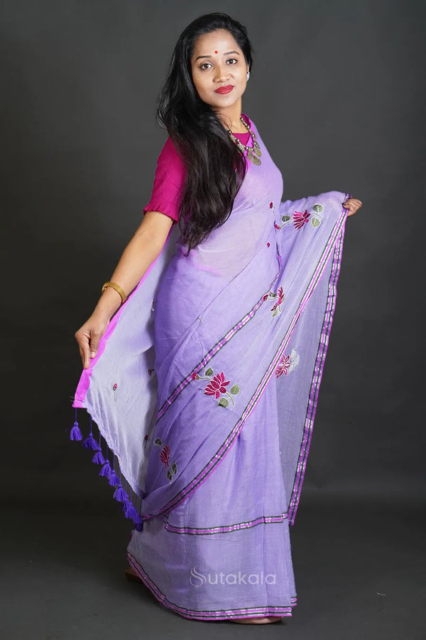 Violet Mul Cotton Saree with Thread Work Embroidery