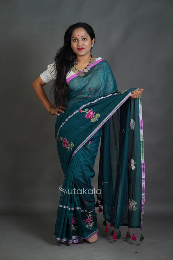 Elegant Cotton Saree with Intricate Floral Thread Work & Silver Border