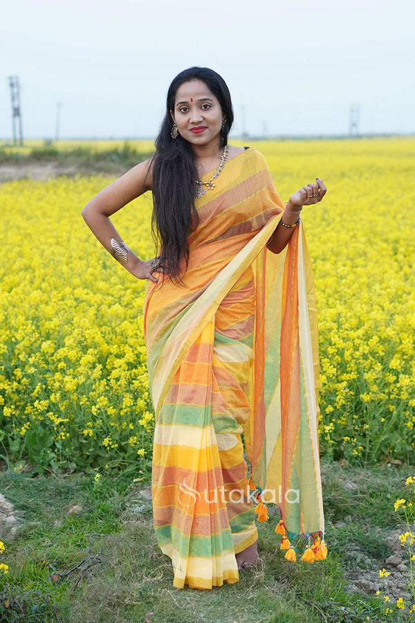 Yellow Based Multicolor Mul Cotton Saree