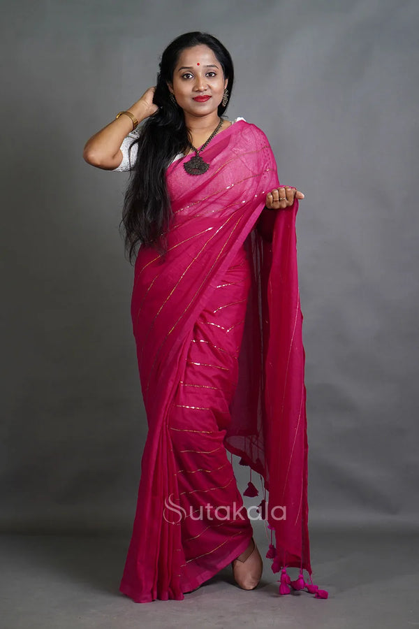 Handloom Cotton Saree with Golden Stripe Detailing & Tassels