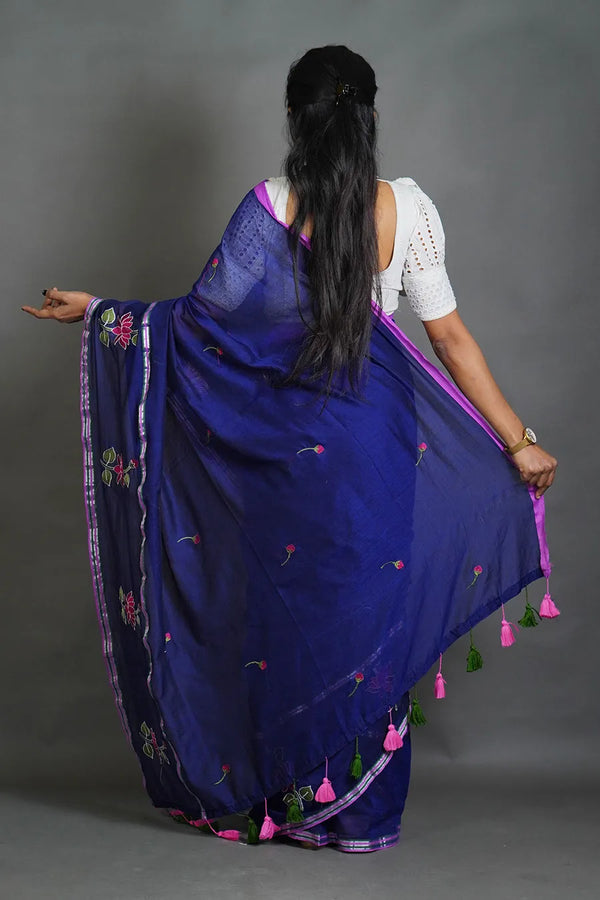 Elegant Cotton Saree with Floral Thread Work & Silver Border
