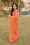 Orange Mul Cotton Saree with Thread Work Embroidery